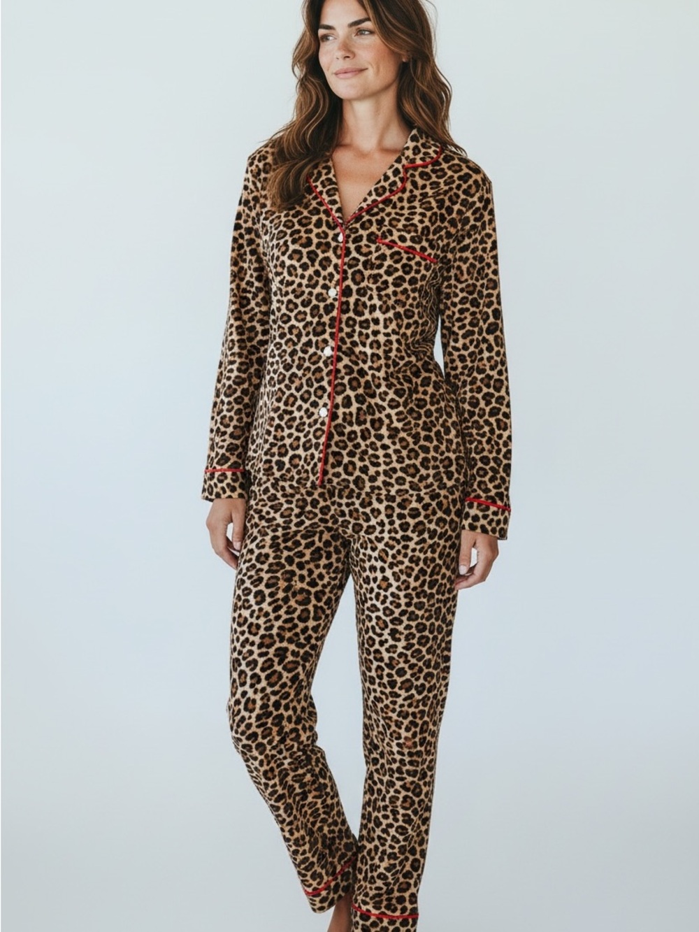 Liz Claiborne Leopard-Print Pajama Set with Red Trim